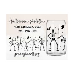 dancing skeleton glass can wrap svg, 16oz beer can glass svg, halloween libbey glass wrap, spooky season svg, spooky can