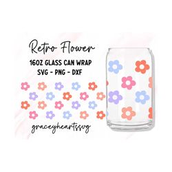 retro flower libbey glass wrap, daisy glass can wrap svg, 16oz beer glass can svg, boho flower svg, coffee glass svg, gr