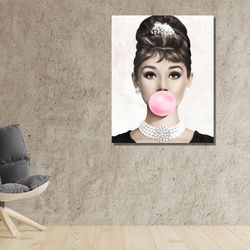 audrey hepburn buble gum wall art, fashion print, audrey hepburn artworks,pink bubble gum art, teen girl room decor, rea