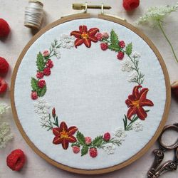 lily, raspberry, and queen anne's lace wreath embroidery pdf pattern, floral wreath diy stitching project