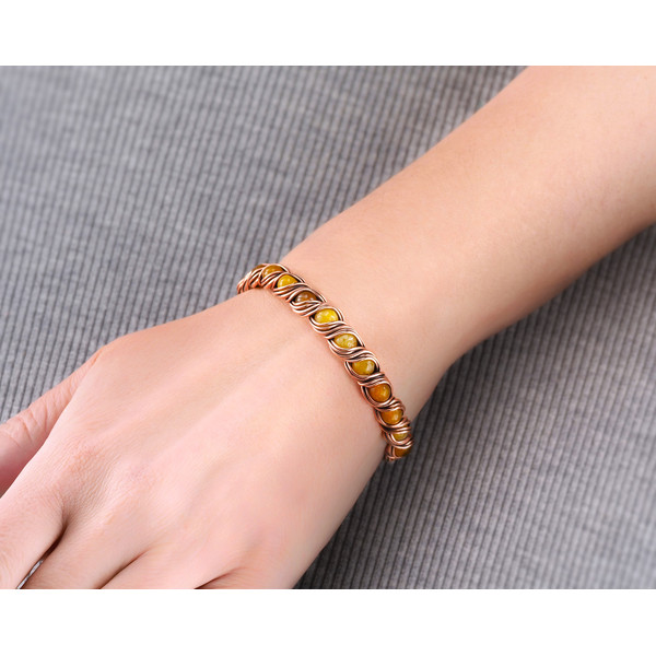 agate beads yellow copper wire wrapped bracelet bangle for woman  handmade jewelry (7).jpeg