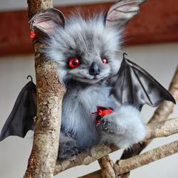 ON ORDER  Yasi's bat fur bat, black bat, red eyes, furry doll, soft doll, fur doll, stuffed toy, plush bat, furry bat
