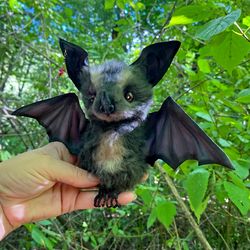 Bat Shosho fur bat, black bat, red eyes, furry doll, soft doll, fur doll, stuffed toy, plush bat, furry bat, claw bat