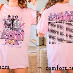 jonas brother in pink shirt, vintage jonas brothers shirt, jonas brothers five albums one night tour shirt, the albums