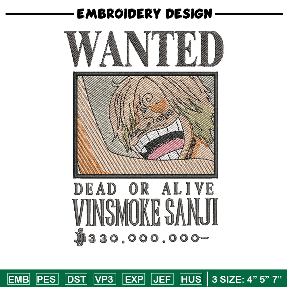 Bounty sanji embroidery design, One piece embroidery, Anime design, Embroidery shirt, Embroidery file,Digital download.zip.jpg