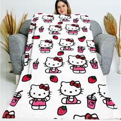 cute cat strawbery blanket, cute cat blanket, kitty blanket for girl, strawberry blanket, birthday gift, gift for her, c