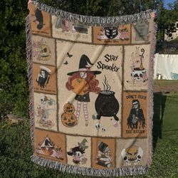 cute witch woven throw blanket, halloween ghost woven blanket, gothic blanket, retro pumpkin woven blanket, tapestry wov