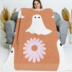 ghost and pink flower blanket, ghost blanket, halloween fabric, cat boo on pink licensed, halloween gift, gift for her,