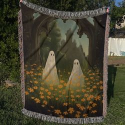 ghost in the garden woven throw blanket, vintage halloween indoor woven blanket, retro pumpkin blanket, tapestry woven d