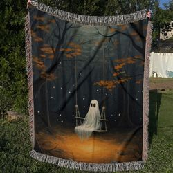ghost on the swing woven throw blanket, vintage halloween indoor woven blanket, retro pumpkin blanket, tapestry woven de