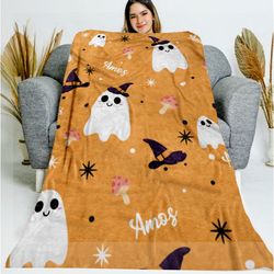 lovely orange ghost blanket, ghost witch blanket, halloween fabric, cat boo on pink licensed, halloween gift, gift for h