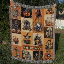 personalized halloween pumpkin woven throw blanket, custom halloween pumpkin woven blanket, pumpkin woven blanket, tapes