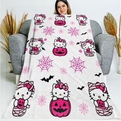 pink kitty halloween blanket, cute ghost blanket, cute cat halloween blanket, kitty halloween pumpkin blanket, halloween