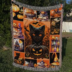 vintage halloween woven throw blanket, halloween black cat woven blanket, retro pumpkin woven blanket, tapestry woven de