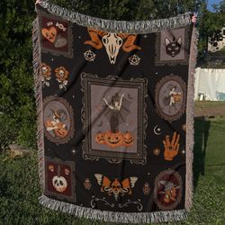 vintage halloween woven throw blanket, vintage ghost woven blanket, retro pumpkin woven blanket, tapestry woven decor, h