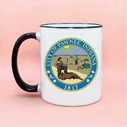 city of pawnee seal logo design coffee mug, funny parks and rec coffee mug, ron swanson fan gift parks and rec cup lesli
