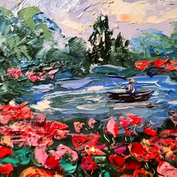 bright poppies lake boat sunset impasto oil painting flowers original artist svinar oksana