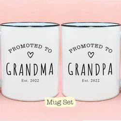 promoted to grandma and grandpa est year 1, new baby reveal idea, grandparent mug sets, new grandparent gift idea, grand