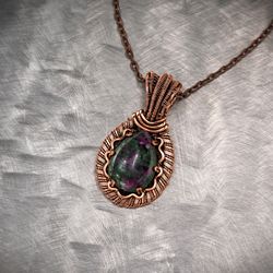 ruby zoisite pendant unique wire wrapped copper necklace wire wrap art copper wire jewelry handmade copper jewelry