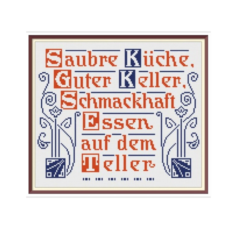 Slogan. Cross Stitch Pattern. Traditional German Maxims. Vintage Sampler PDF Counted. German Household Items. Reproduction of 19th century.jpg