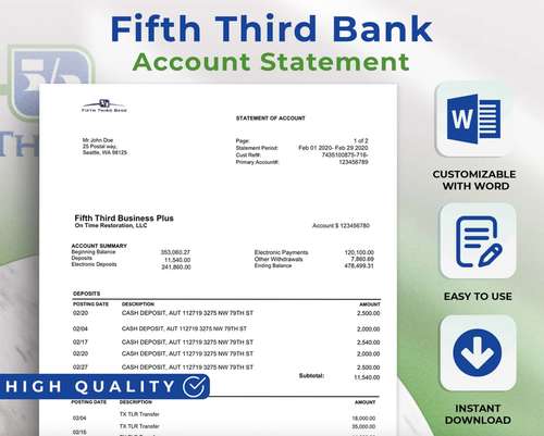 Fifth Third Bank Statement Fully Editable and Customizable