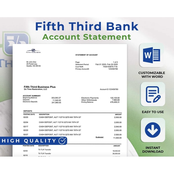 Fifth Third Bank Statement Fully Editable and Customizable Inspire Uplift