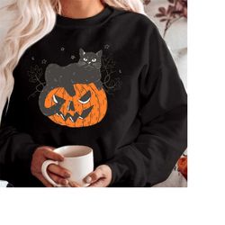 sweatshirt (1925) black cat on pumpkin spooky season boo spider pumpkin ghost witch thanksgiving skeleton vibes hallowee