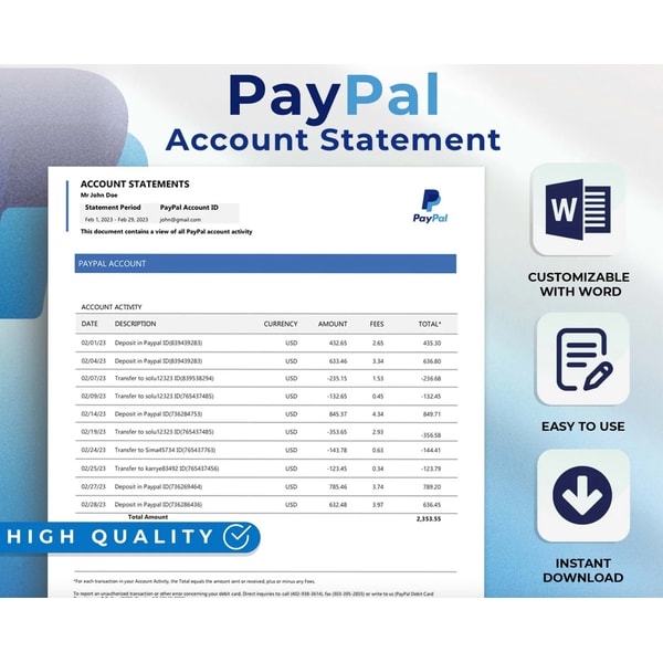 Paypal Bank Statement Template Editable Inspire Uplift