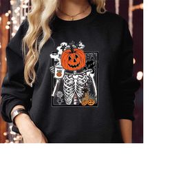 sweatshirt (1847) pumpkin head skeleton drinking spooky season halloween vibes jack coffee drinking horror scary thanksg