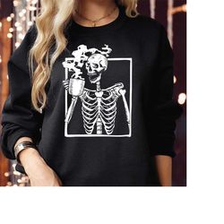 sweatshirt (1746) skeleton drinking coffee halloween sweatshirts skull spooky bones ribs rib cage punk hand scary horror