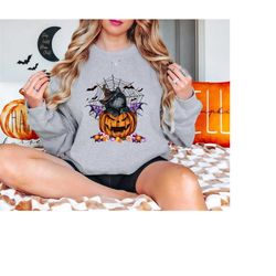 halloween sweatshirt, cute halloween black cat sweatshirts, spooky pumpkin halloween sweatshirt, gift for women, hallowe