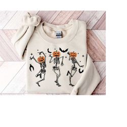 Dancing Skeleton Sweatshirt, Pumpkin Skeleton Graphic Sweater, Halloween Skeleton Sweatshirt, Halloween Gifts, Fall Hall