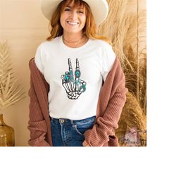 Retro Western Cowgirl Shirt, Skeleton Peace Tshirt, Skeleton Hand Shirt, Halloween Shirt, Funny Skeleton Tee, Trendy Des