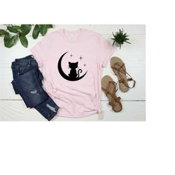 Cute Cat Moon T-Shirt - Women's Cat Shirt with Stars - Magical Cat T-Shirt - Kids Cat Tee - Unisex Cat T-shirt - Cat Lov