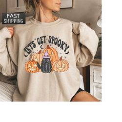 Let's Get Spooky Sweatshirt, Fall Pumpkin Sweater for Women, Halloween Cat Hoodie, Black Cat Sweatshirt, Spooky Season