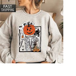 Pumpkin Skeleton Drinking Coffee Sweatshirt, Halloween Crewneck, Skeleton Coffee Lover Hoodie, Fall Pumpkin Shirt