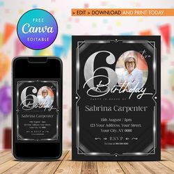60th Birthday Silver and Black Invitation with photo, Sixty Birthday Invitation Silver Canva Editable and Printable