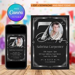 70th Birthday Silver and Black Invitation with photo, Seventy Birthday Invitation Silver Canva Editable and Printable