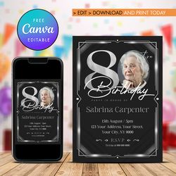 80th Birthday Silver and Black Invitation with photo, Eighty Birthday Invitation Silver Canva Editable and Printable