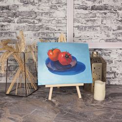 Original oil painting, still life.. Two tomatoes..