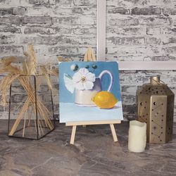 original oil painting, still life.. jug and lemon..
