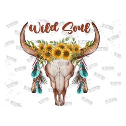 wild soul boho bull skull png sublimation design, feather bull skull png, western bull skull png, gemstone bull skull pn