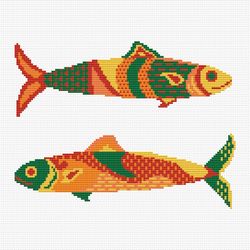 Orange fish cross stitch pattern Gold fish counted chart Primitive fish Funny fish embroidery Colorful couple of fish