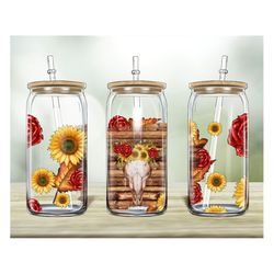 bull skull sunflower roses 16oz libbey glass png, 16oz libbey cup, western design png, rose png, digital download png