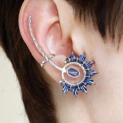 silver flower ear cuff, kyanite jewelry, cuff on the right ear, ear cuff no piercing