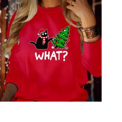 SWEATSHIRT (5112) CAT WHAT Funny Black Cat Wearing Santa Hat Christmas Sweatshirt Merry Catmas Meowy Xmas Men Women Cats