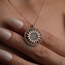 Diamond Sun Necklace, Gold Sun Necklace, Zircon stone Pendant, 14K Solid Gold Necklaces, Christmas Jewelry, Birthday Gif