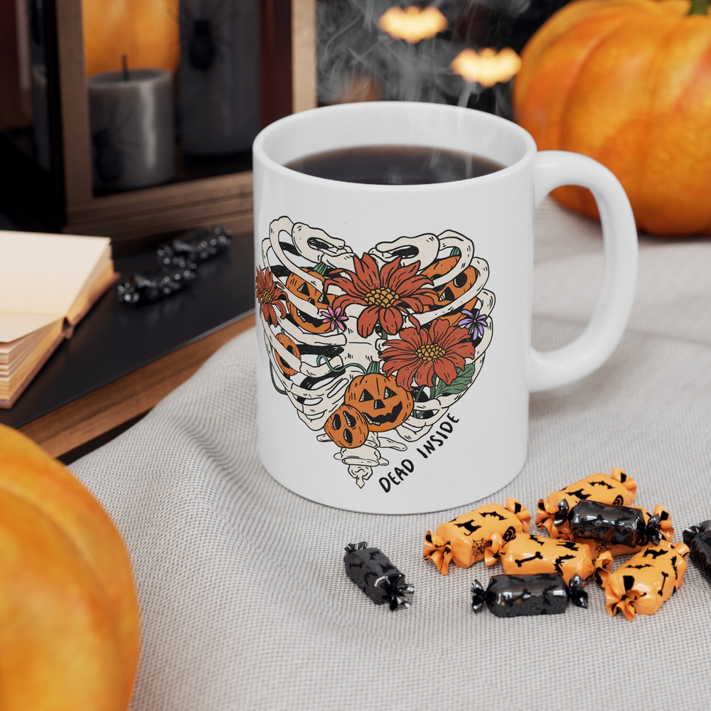 Retro Style Halloween Skeleton and Flowers Mug Halloween Cup Spooky Mug Dead Inside Coffee Cup Halloween Gift - 5.jpg