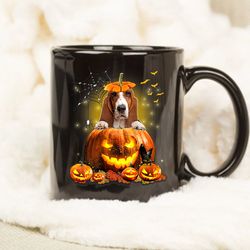 basset hound halloween pumpkin mug, coffee mug