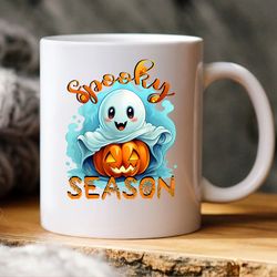 cute ghost holding pumpkin mug, ghost mug